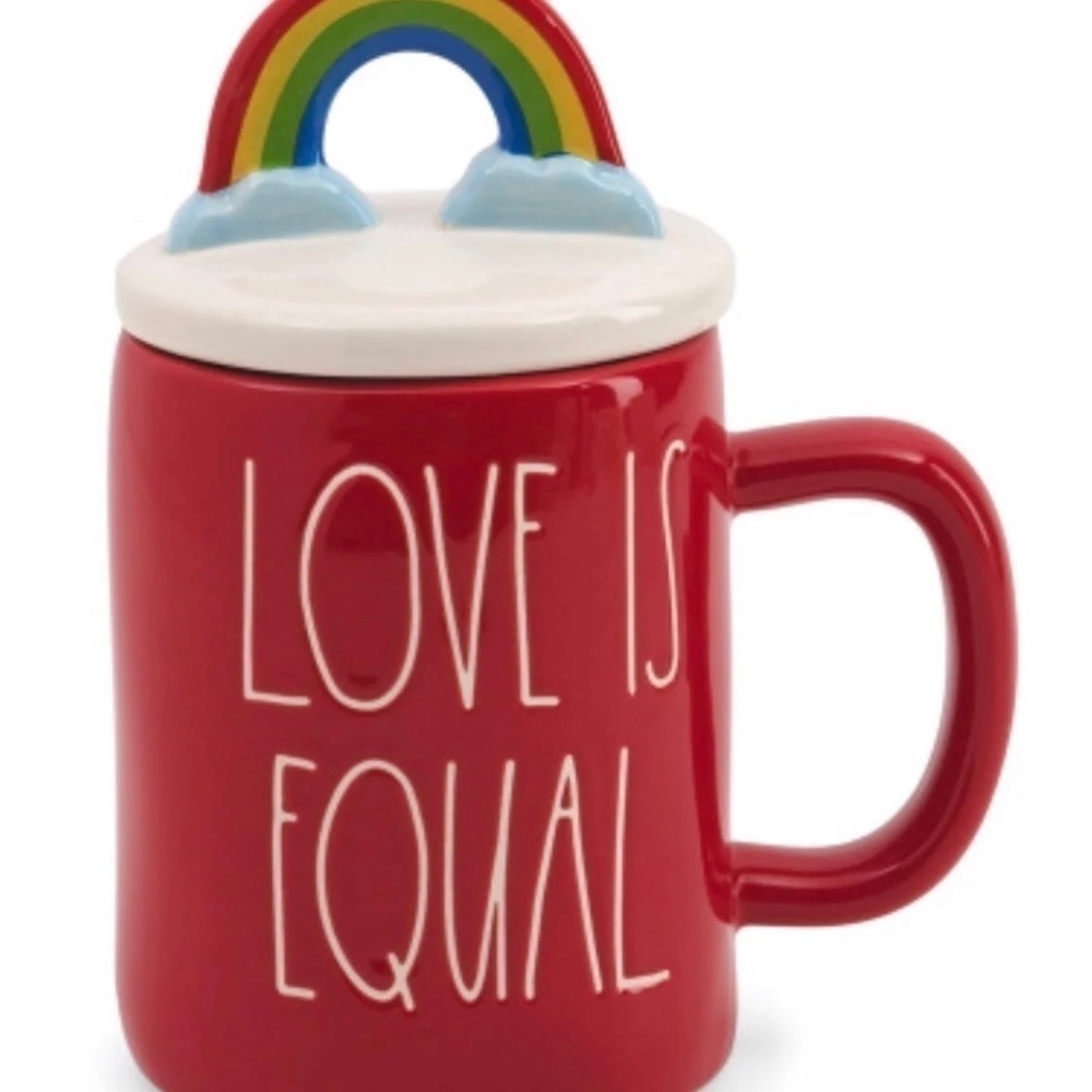 Rae Dunn Love is Equal Coffee Tea Red Mug Rainbow Lid 16 oz
